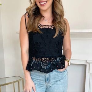 Black Floral Eyelet Peplum Tank Top - Women